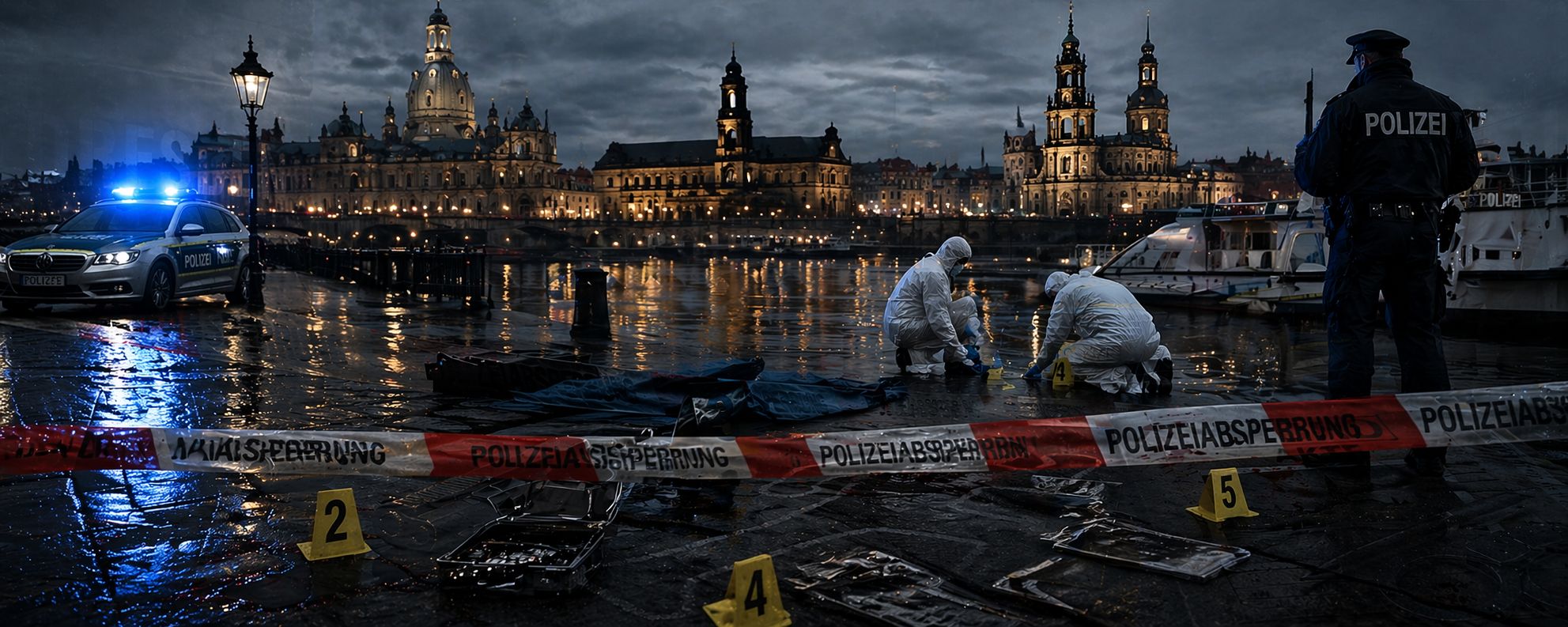 Dresdner Abendpanorama mit kriminalistischer Szenerie